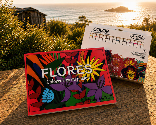 Pack: Libro Flores + Lápices, marcadores lettering, 36 colores. Artel.
