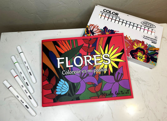 Pack: Libro Flores + Lápices, marcadores lettering, 36 colores. Artel.