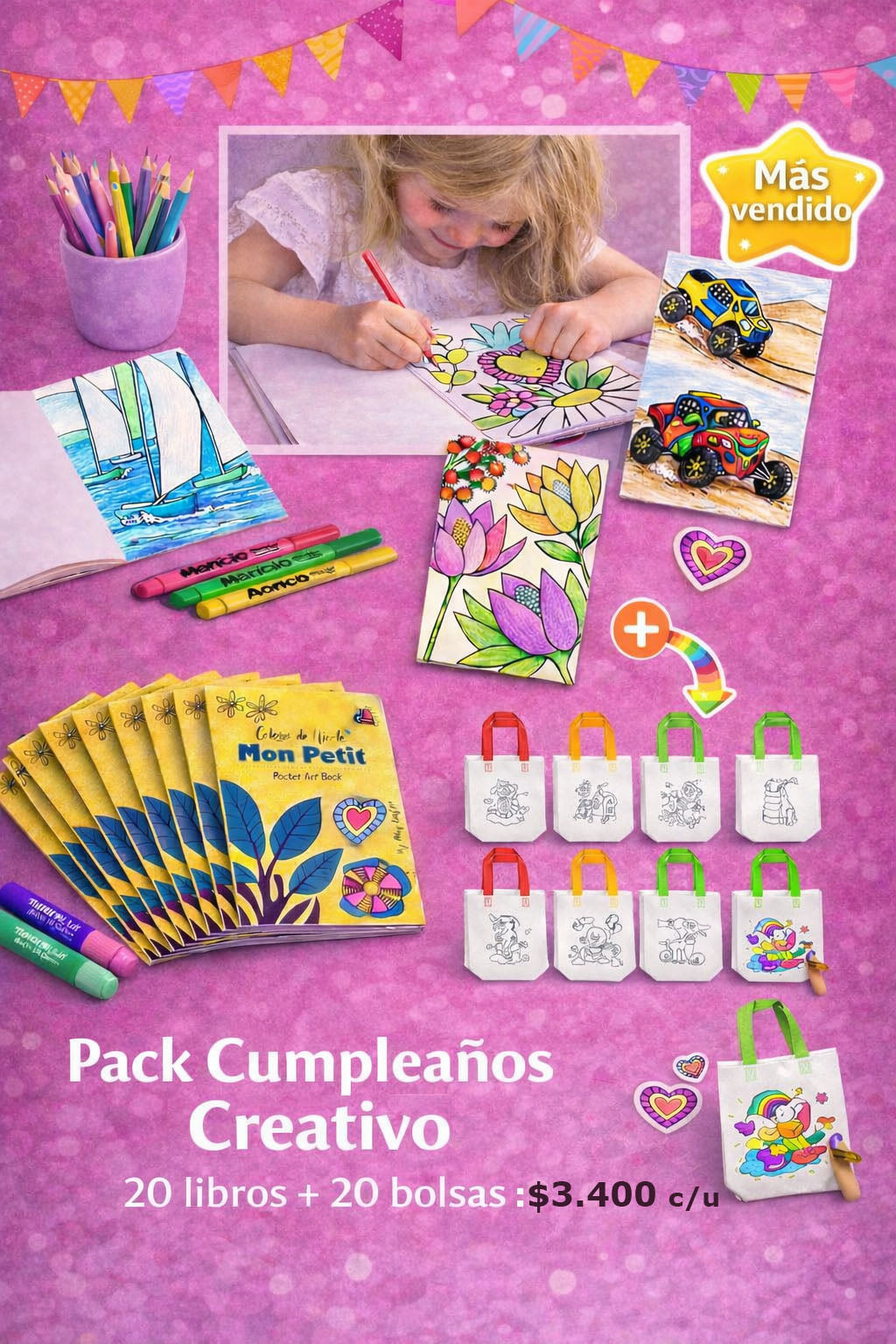 Pack Cumpleaños Creativo Mon Petit (20 libros + 20 bolsas coloreables)