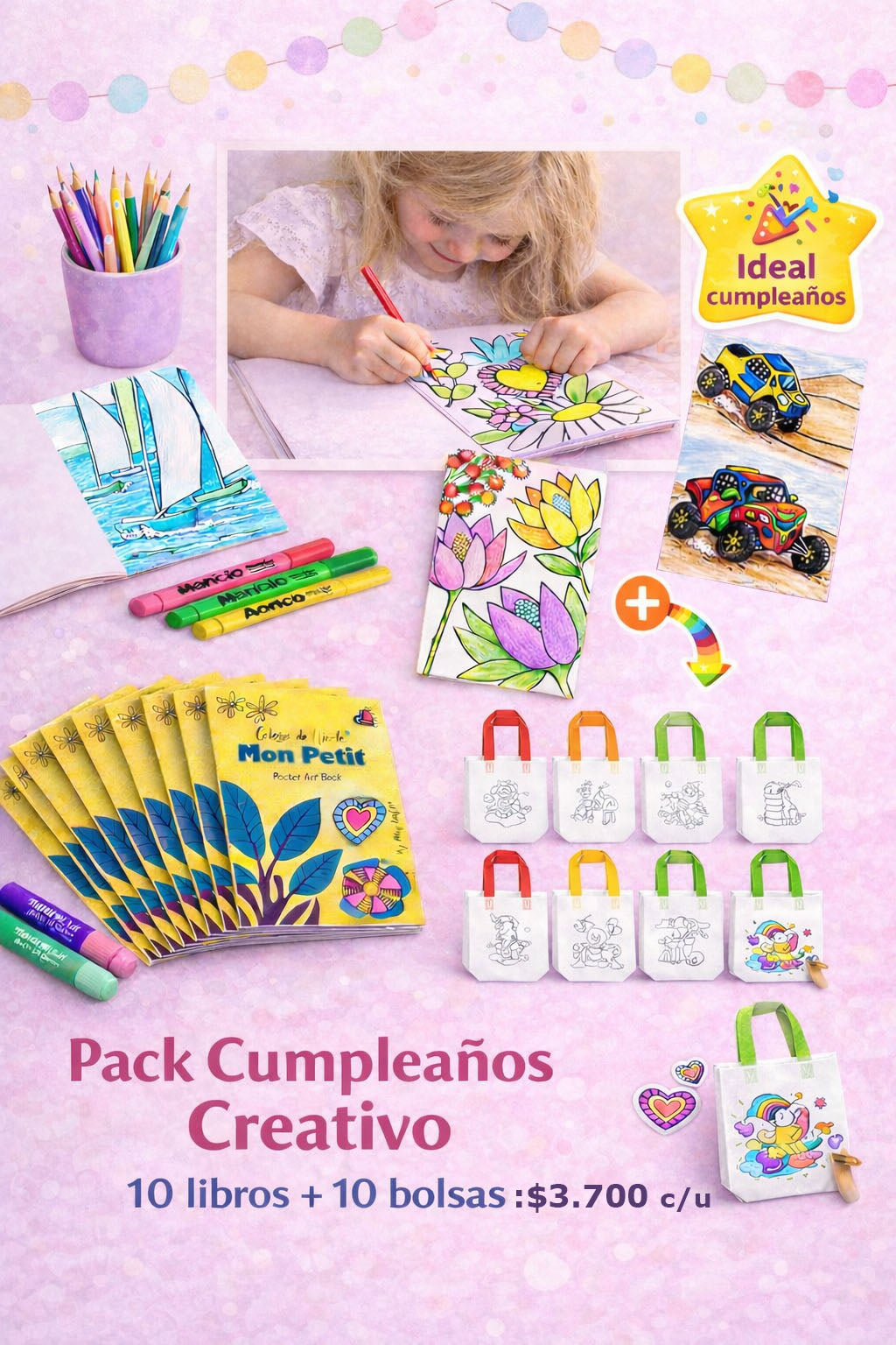 Pack Cumpleaños Creativo Mon Petit (10 libros + 10 bolsas coloreables)