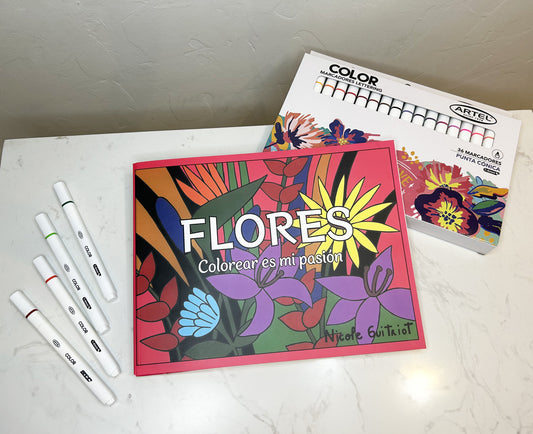 Pack: Libro Flores + Lápices, marcadores lettering, 36 colores. Artel.